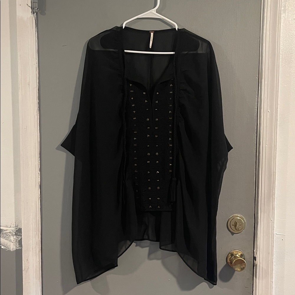 Free People Women's Black Sheer‎ Chiffon Beaded Tassel Tie Oversized Blouse XS/S